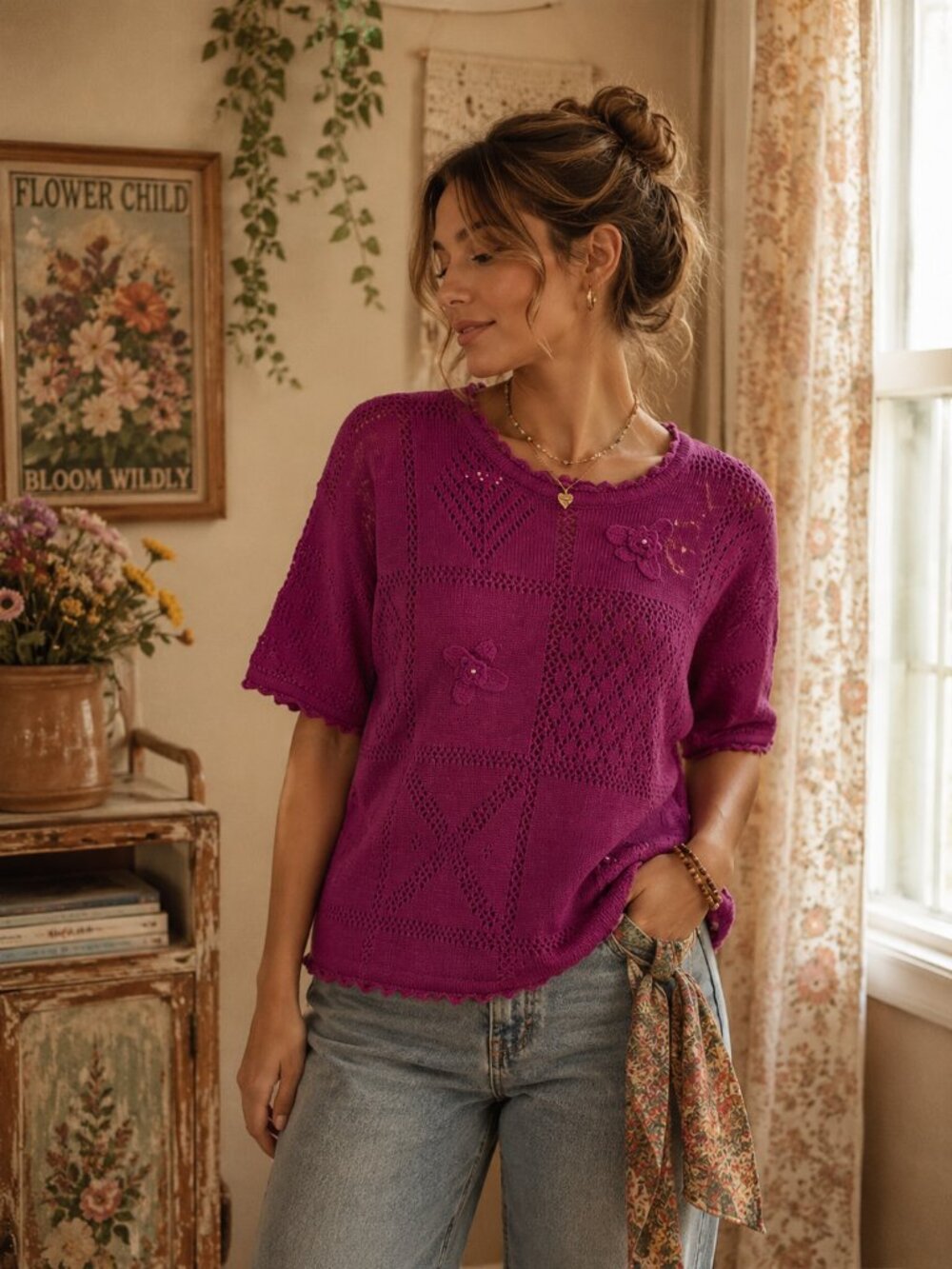 Vintage Western Connection Purple Pointelle Knit Sweater Top